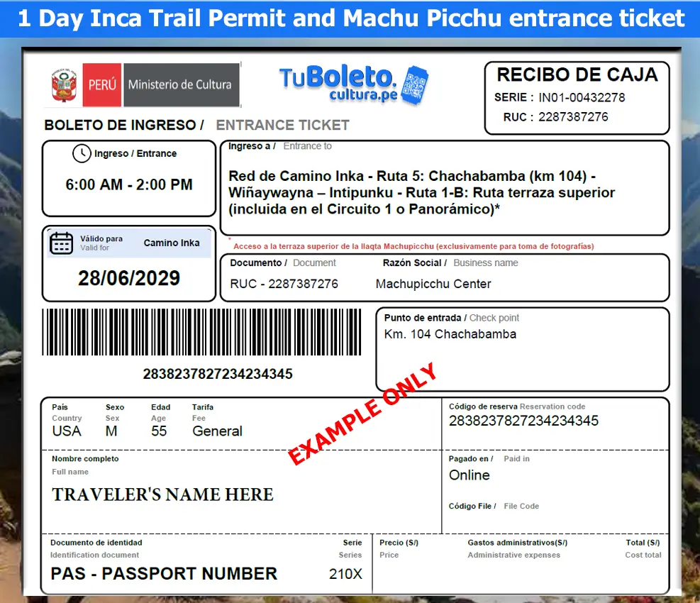 Official 1-day Inca Trail permit from KM104 to Machu Picchu ticket only with Circuit 1C Sun Gate, Circuit 1B Upper Terrace and Circuit 3B Royalty Temples